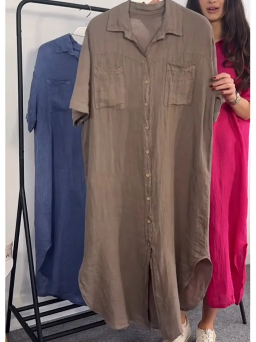 Women's Casual Pocket Cotton and Linen Shirt Dress
