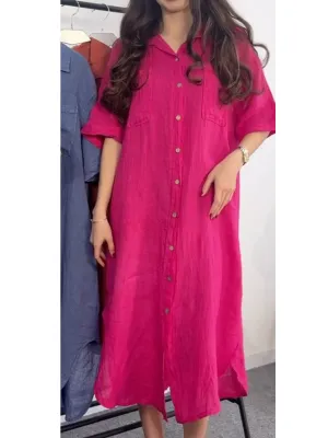 Women's Casual Pocket Cotton and Linen Shirt Dress