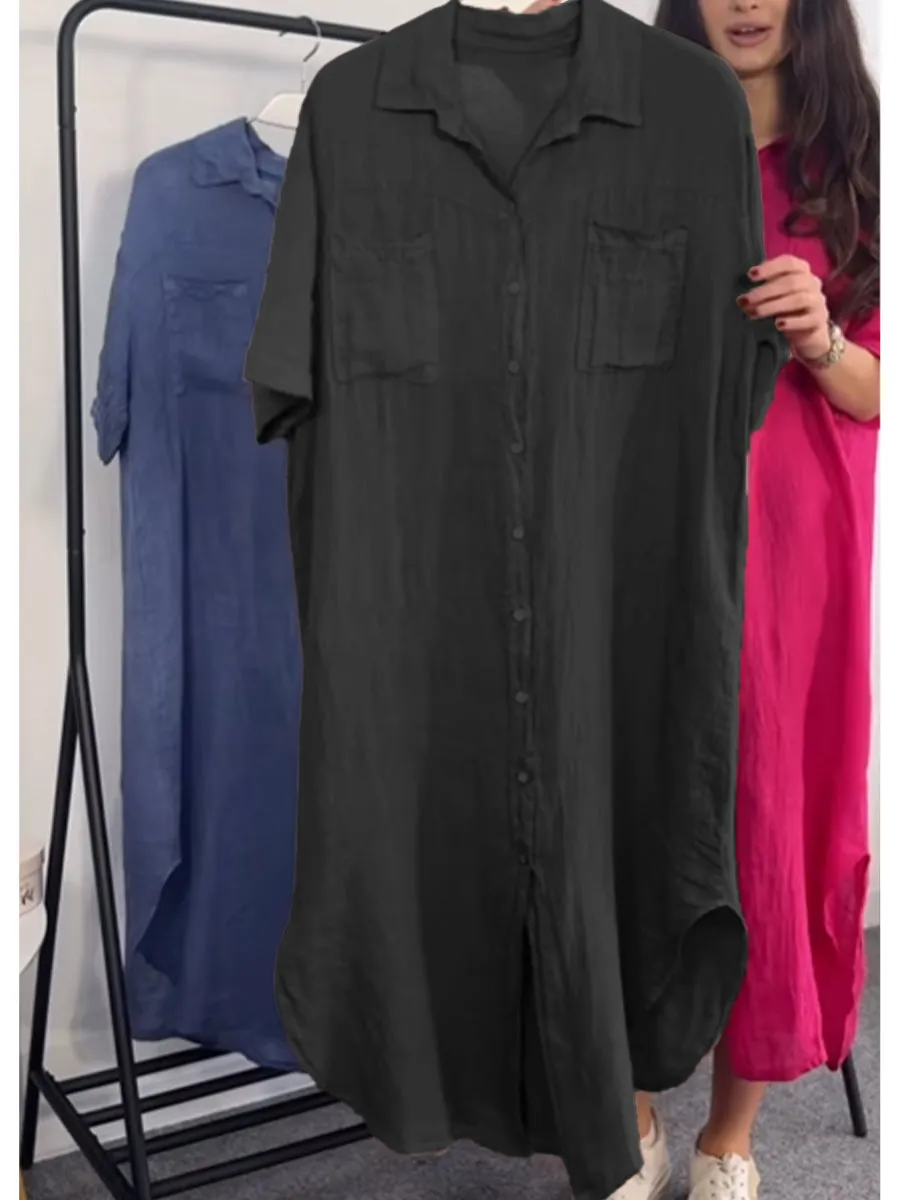 Women's Casual Pocket Cotton and Linen Shirt Dress