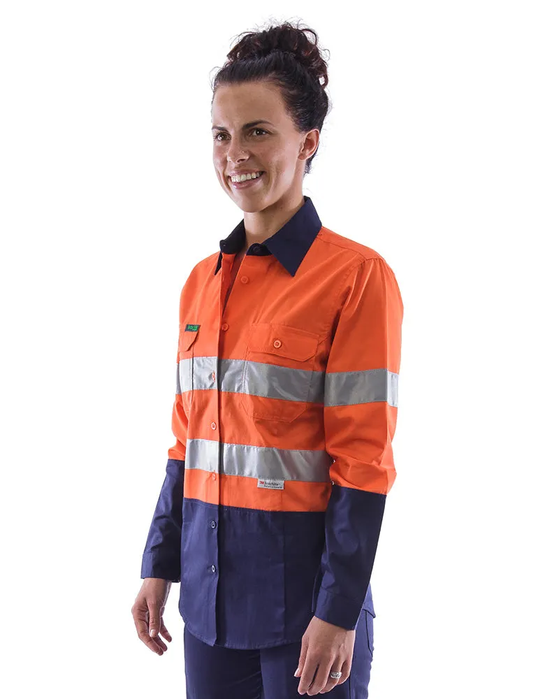 Womens L/S Hi Vis Lightweight Taped Cotton Shirt (3 Pack) - Orange/Navy