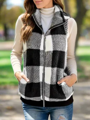 Women's Pocketed Plaid Zip-Up Vest Coat - Stylish and Practical Outerwear