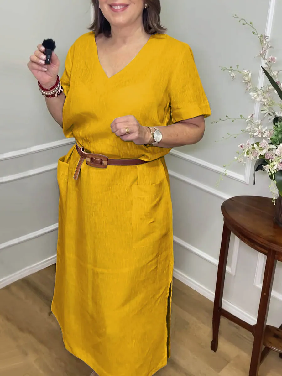 Women's Solid V Neck Pocket Linen Dress