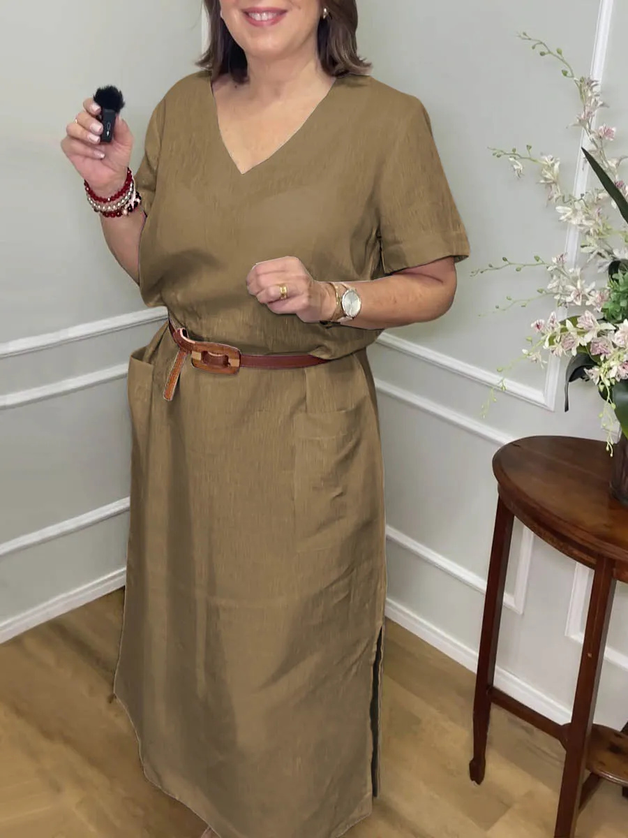Women's Solid V Neck Pocket Linen Dress