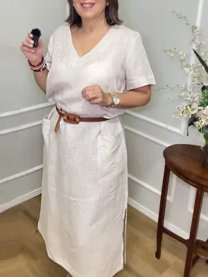Women's Solid V Neck Pocket Linen Dress