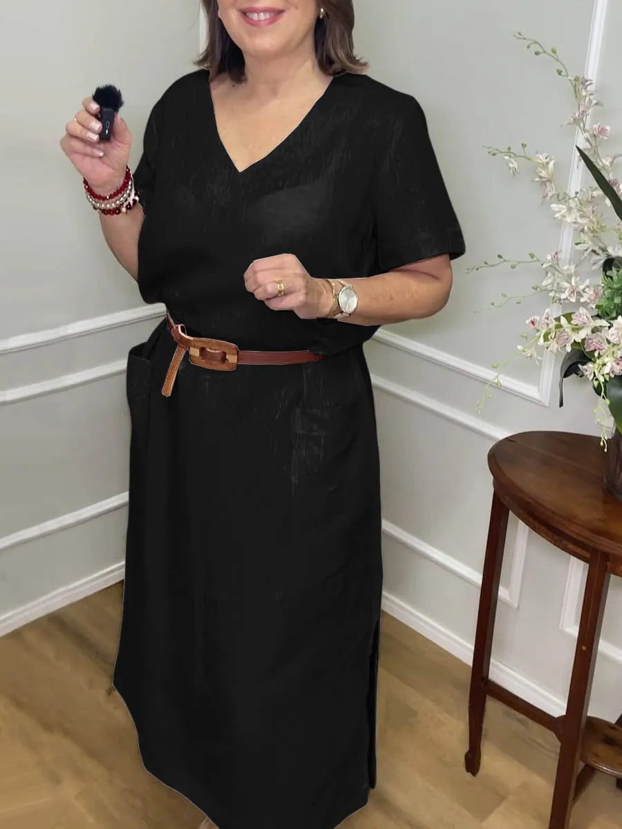 Women's Solid V Neck Pocket Linen Dress
