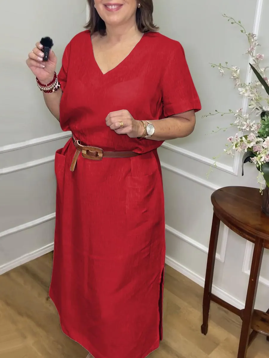 Women's Solid V Neck Pocket Linen Dress