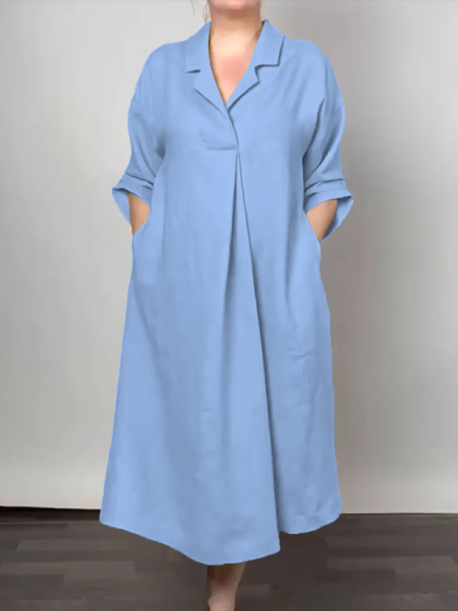 Women's V-Neck Pocket Cotton Dress