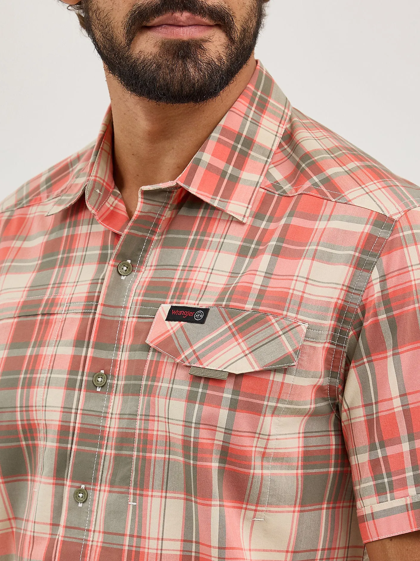 Wrangler ATG™ Men's Cedar Zip Pocket Plaid Shirt - Coral - 112360533
