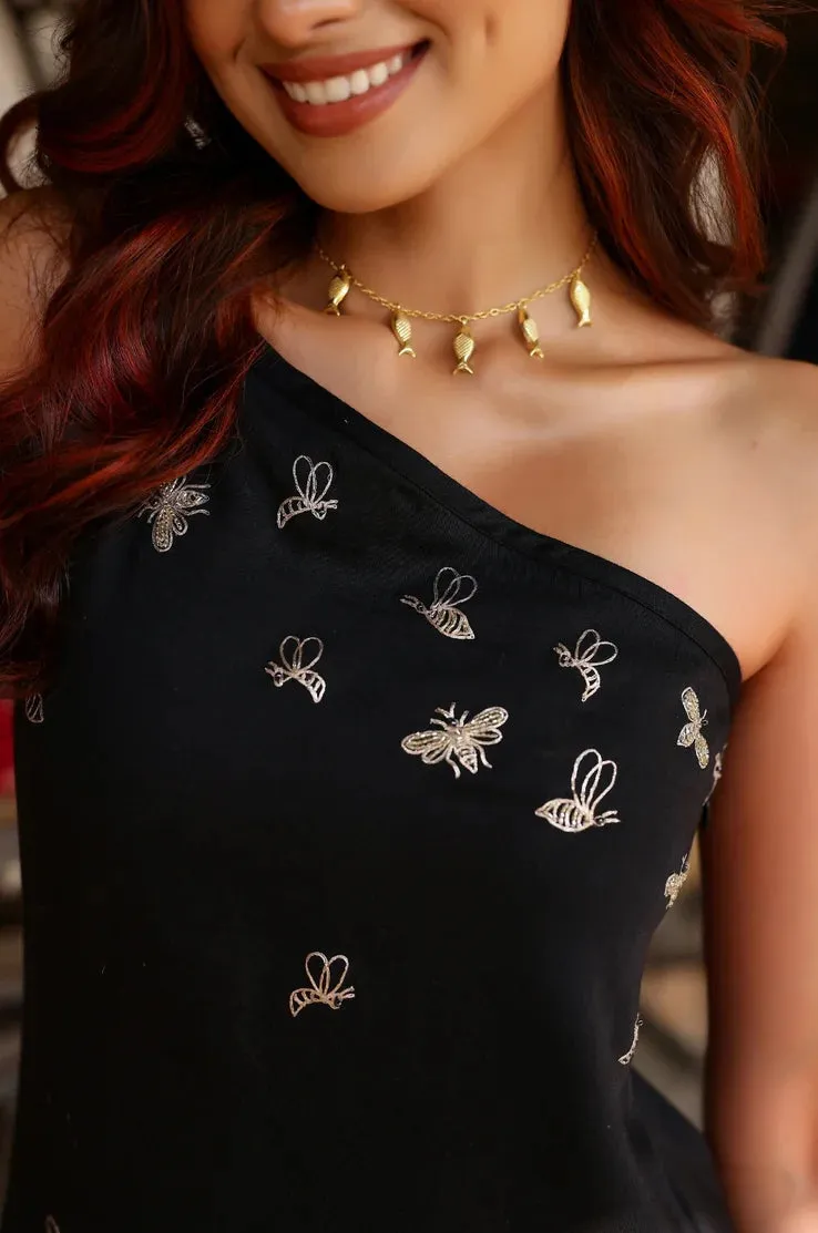 Zoom Black One Shoulder Bug Embroidered Cocktail Dress