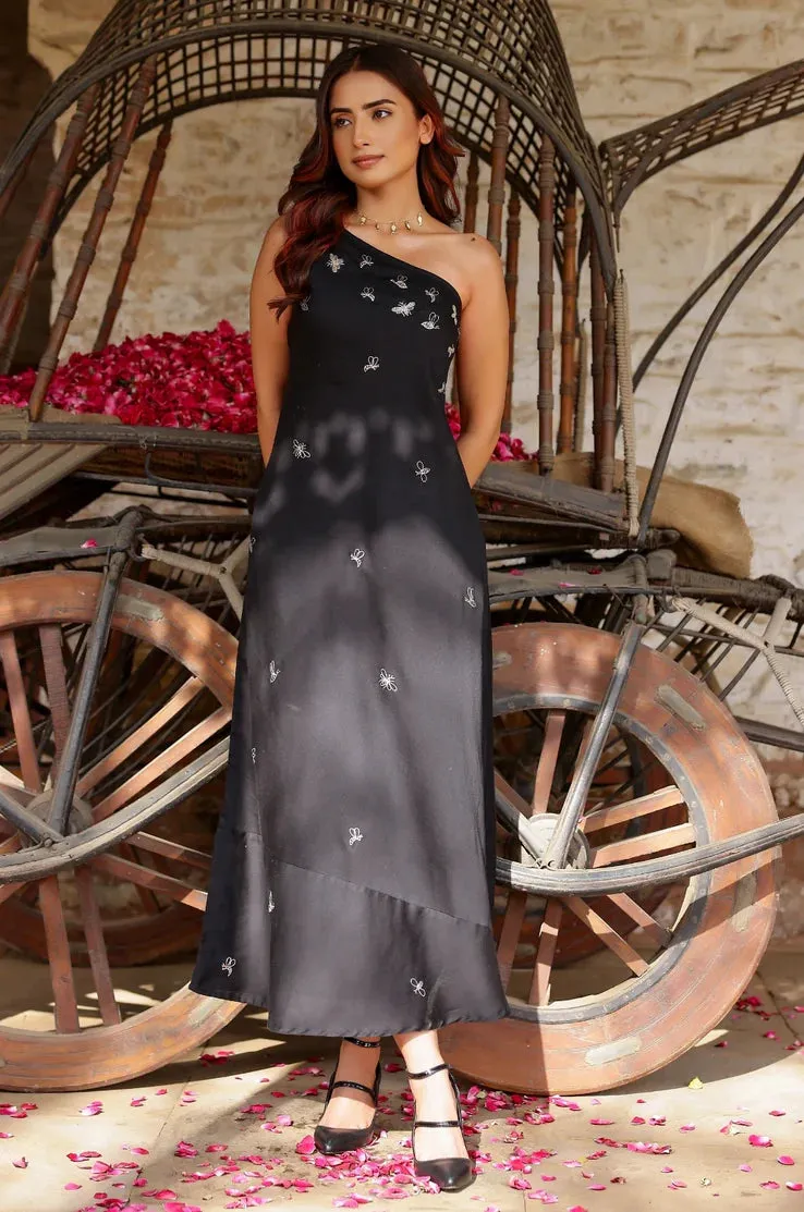 Zoom Black One Shoulder Bug Embroidered Cocktail Dress